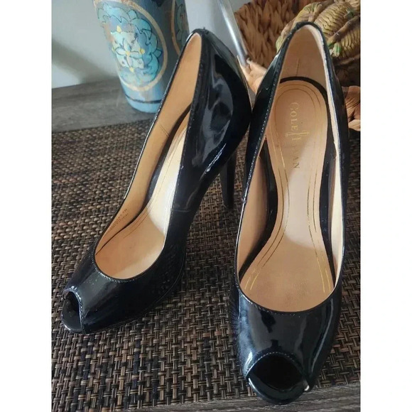 Cole Haan Nike Air Black Chelsea OT Patent Leather Peep Toe Pump - Picture 1 of 9